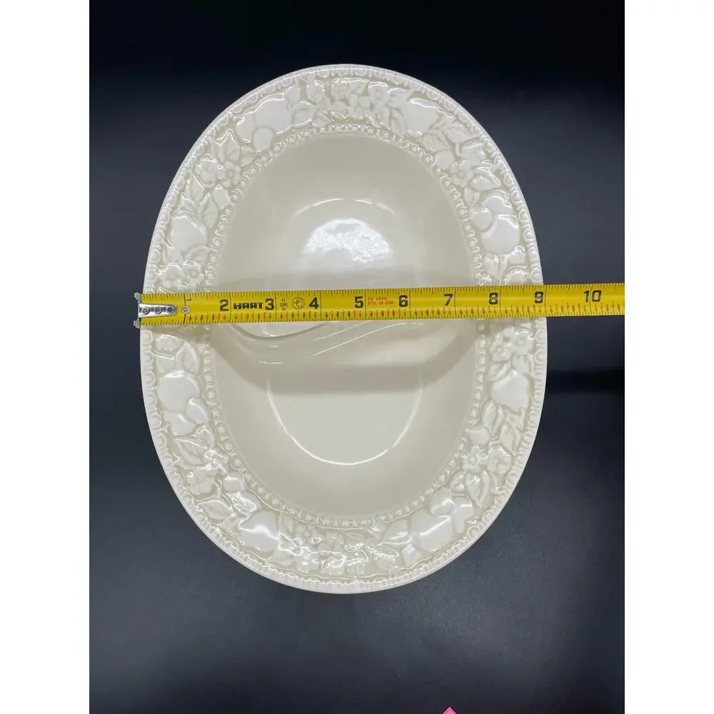 Vintage Metlox Vernon Ware Embossed Antiqua Divided Oval Serving Bowl 12